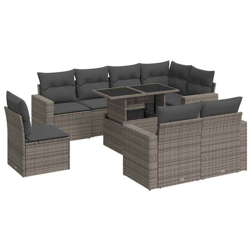 9-tlg. Garten-Sofagarnitur mit Kissen Grau Poly Rattan