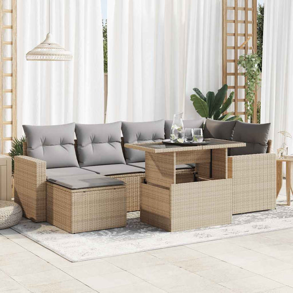 7-tlg. Garten-Sofagarnitur mit Kissen Beige Poly Rattan