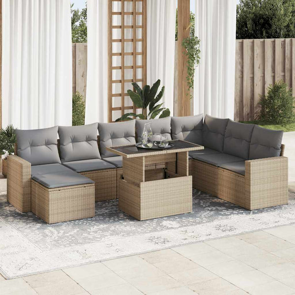 9-tlg. Garten-Sofagarnitur mit Kissen Beige Poly Rattan