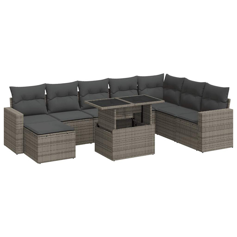 9-tlg. Garten-Sofagarnitur mit Kissen Grau Poly Rattan