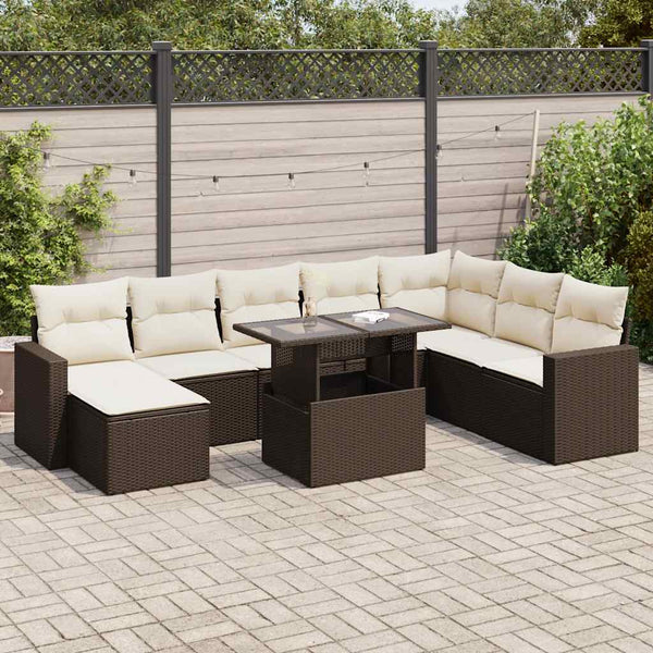 9-tlg. Garten-Sofagarnitur mit Kissen Braun Poly Rattan