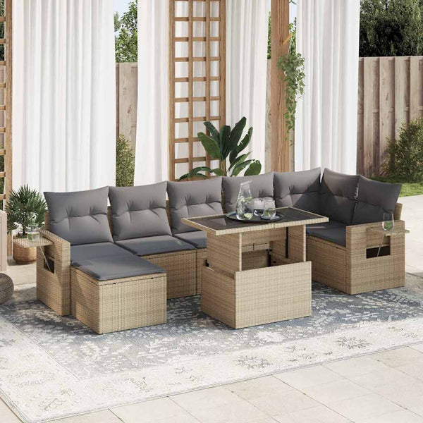 8-tlg. Garten-Sofagarnitur mit Kissen Beige Poly Rattan