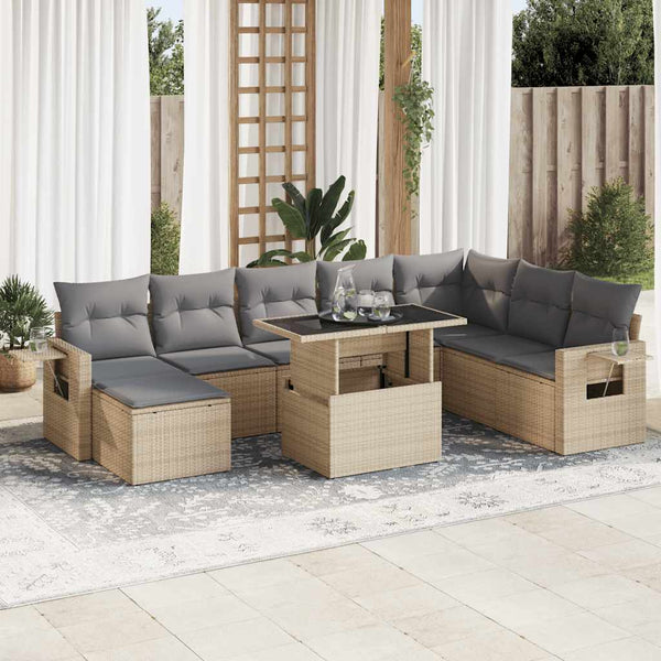 9-tlg. Garten-Sofagarnitur mit Kissen Beige Poly Rattan