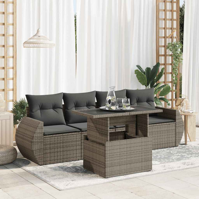 5-tlg. Garten-Sofagarnitur mit Kissen Grau Poly Rattan