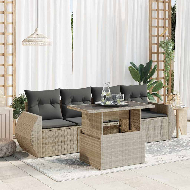 5-tlg. Garten-Sofagarnitur mit Kissen Hellgrau Poly Rattan