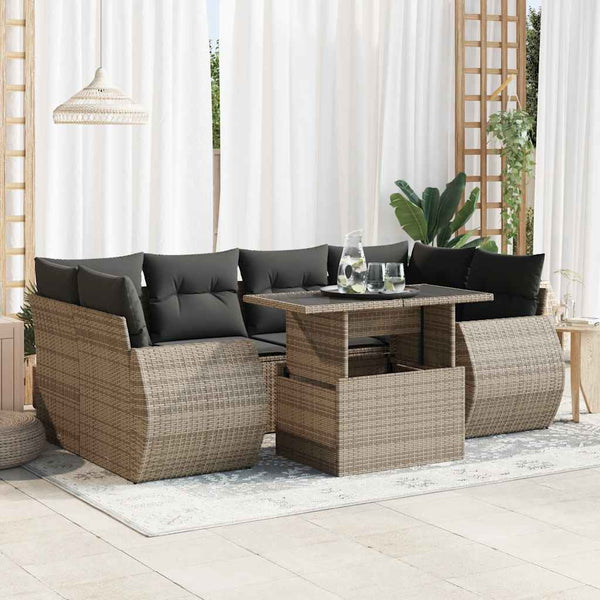 7-tlg. Garten-Sofagarnitur mit Kissen Grau Poly Rattan