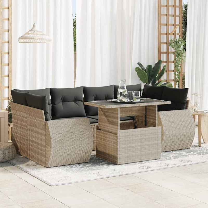 7-tlg. Garten-Sofagarnitur mit Kissen Hellgrau Poly Rattan