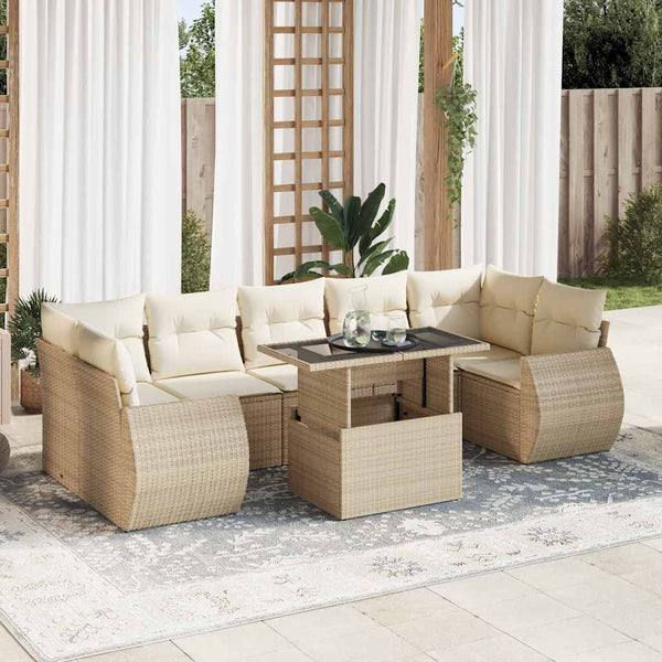 8-tlg. Garten-Sofagarnitur mit Kissen Beige Poly Rattan