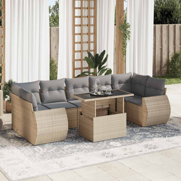 8-tlg. Garten-Sofagarnitur mit Kissen Beige Poly Rattan