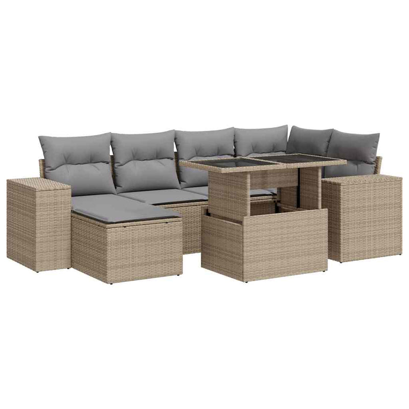 7-tlg. Garten-Sofagarnitur mit Kissen Beige Poly Rattan