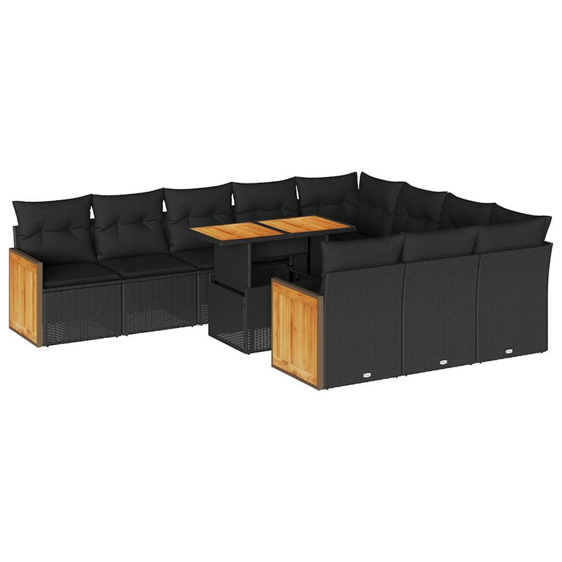 11-tlg. Garten-Sofagarnitur mit Kissen Schwarz Poly Rattan