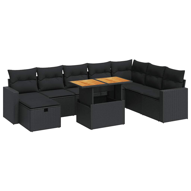 9-tlg. Garten-Sofagarnitur mit Kissen Schwarz Poly Rattan