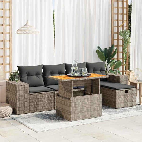 6-tlg. Garten-Sofagarnitur mit Kissen Grau Poly Rattan Akazie