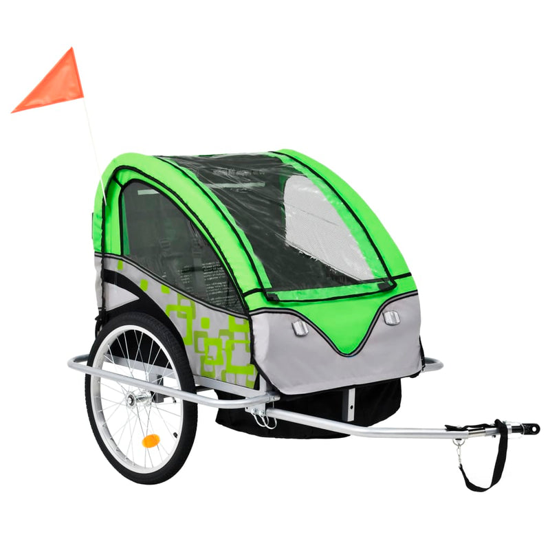 2-in-1 Kinder Fahrradanhänger & Kinderwagen Grün und Grau