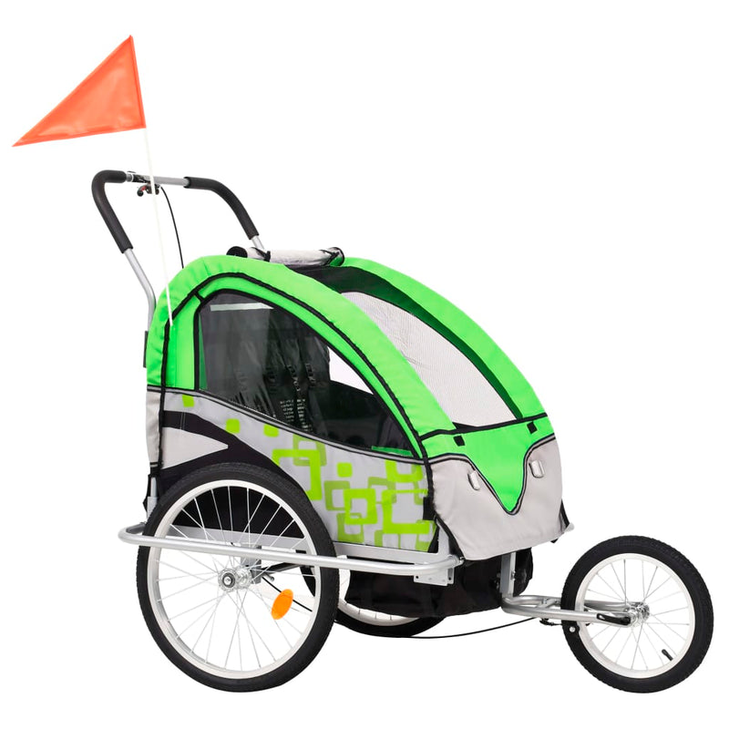 2-in-1 Kinder Fahrradanhänger & Kinderwagen Grün und Grau