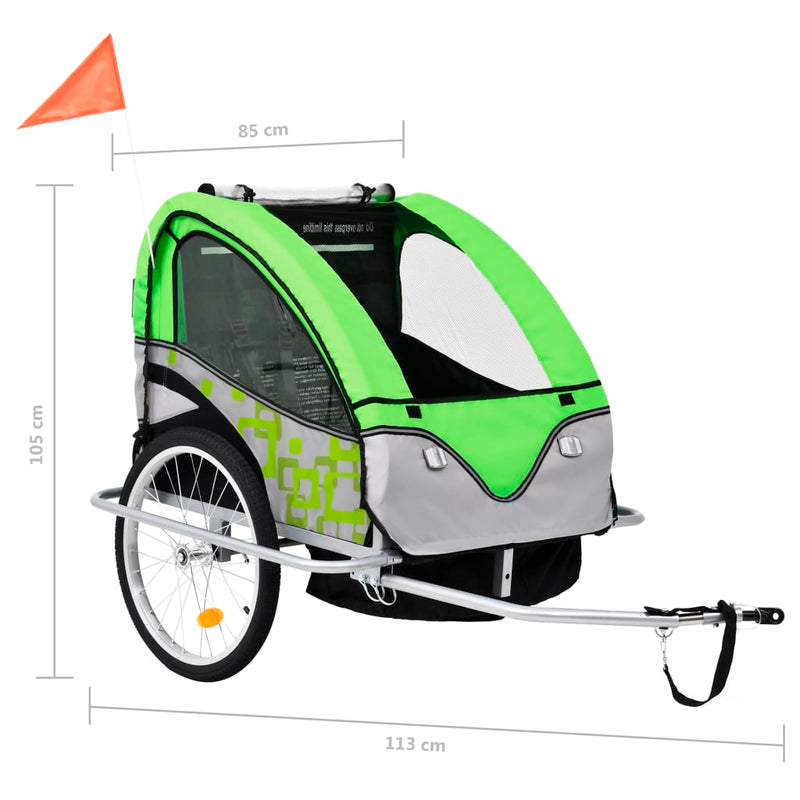 2-in-1 Kinder Fahrradanhänger & Kinderwagen Grün und Grau