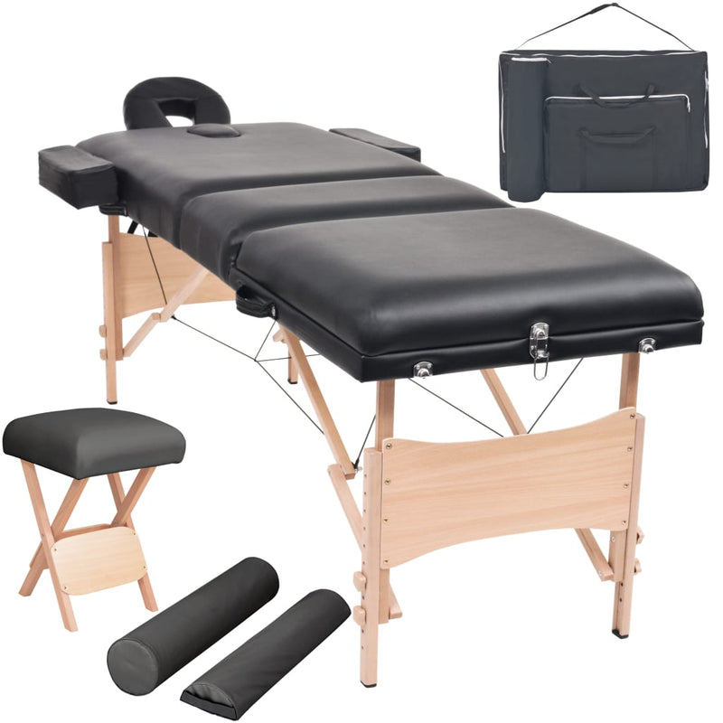Massageliege 3 Zonen Klappbar mit Hocker 10 cm Polsterung Schwarz