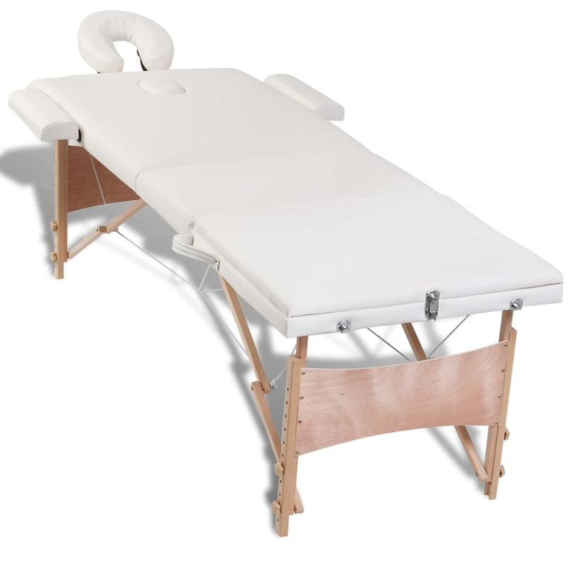 Massagetisch mit Holzrahmen, faltbar 3 Zonen Creme-Weiß