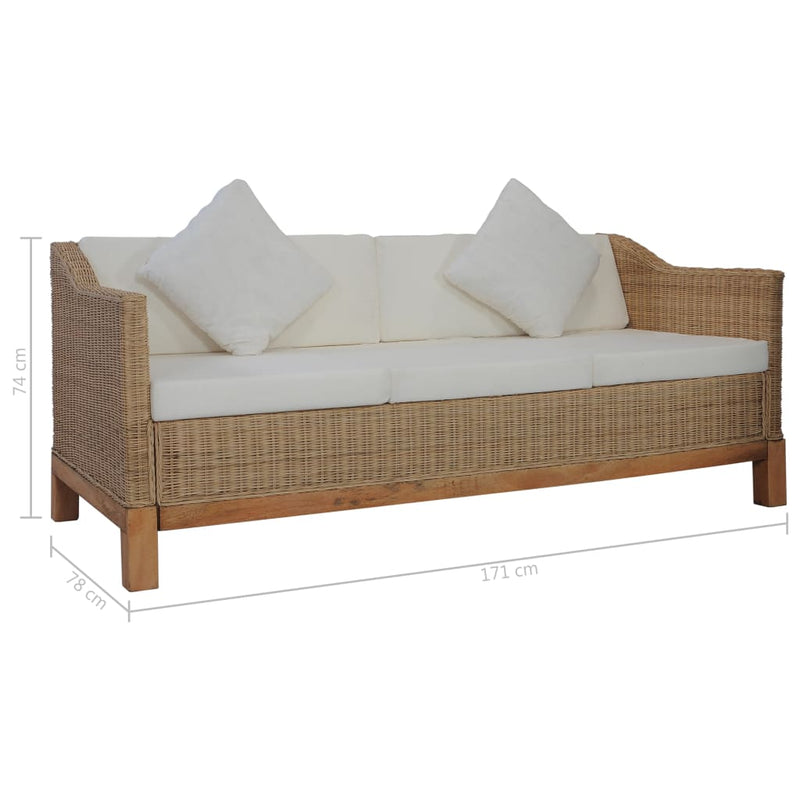 3-Sitzer-Sofa mit Polstern Natürliches Rattan