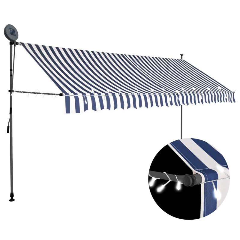 Einziehbare Markise Handbetrieben mit LED 350 cm Blau Weiß