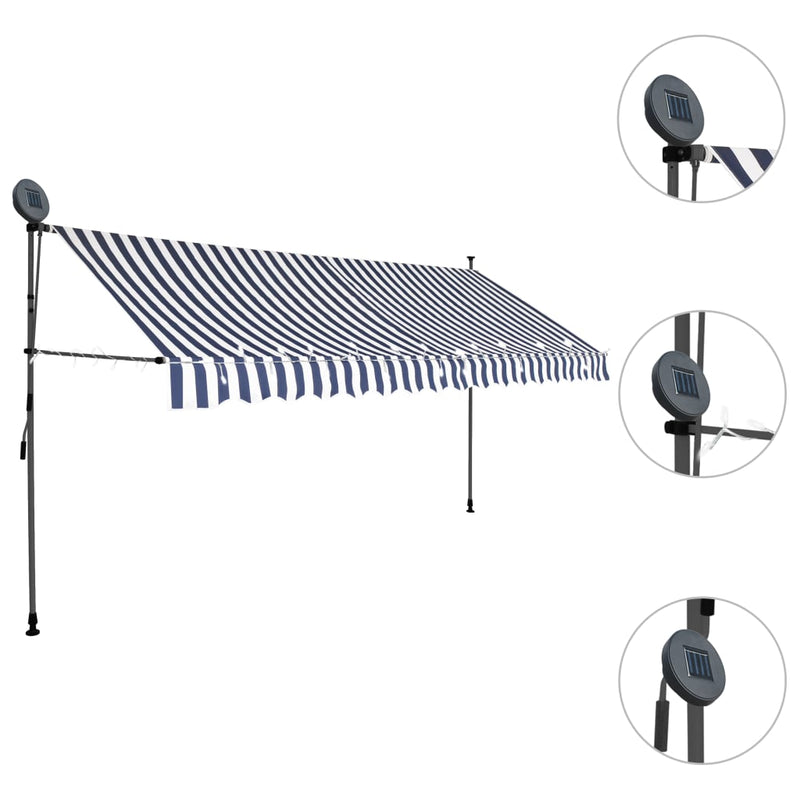 Einziehbare Markise Handbetrieben mit LED 350 cm Blau Weiß