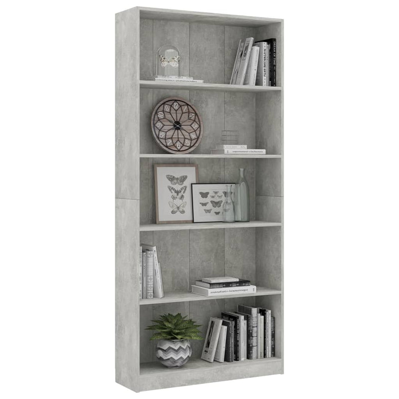 Bücherregal 5 Fächer Betongrau 80x24x175 cm Holzwerkstoff