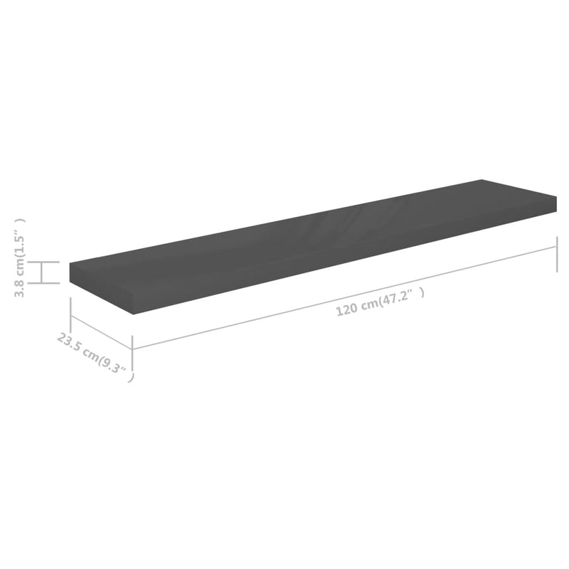 Schwebende Wandregale 2 Stk. Hochglanz-Grau 120x23,5x3,8cm MDF