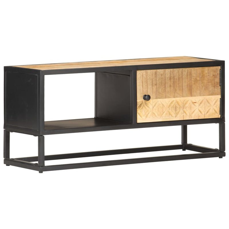 TV-Schrank mit Geschnitzter Tür 90x30x40 cm Raues Mangoholz