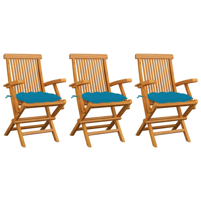 Gartenstühle mit Hellblauen Kissen 3 Stk. Massivholz Teak