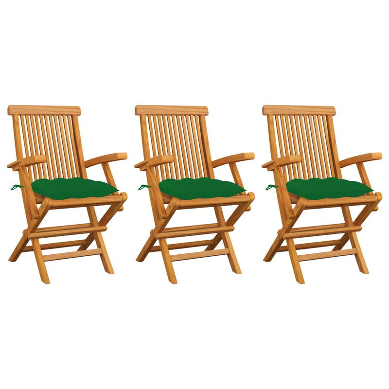 Gartenstühle mit Grünen Kissen 3 Stk. Massivholz Teak