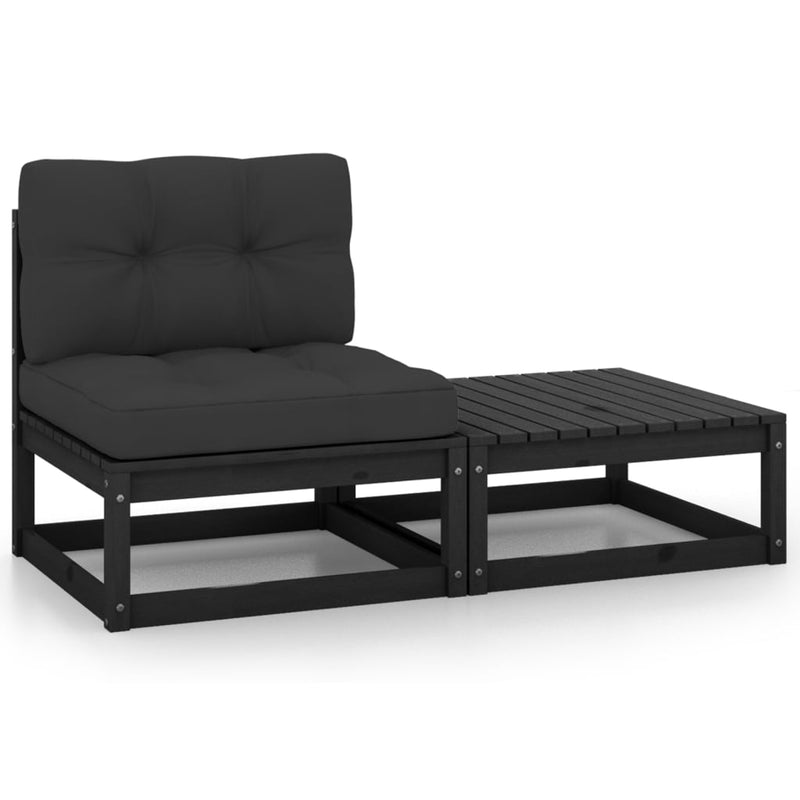 2-tlg. Garten-Lounge-Set mit Kissen Schwarz Massivholz Kiefer