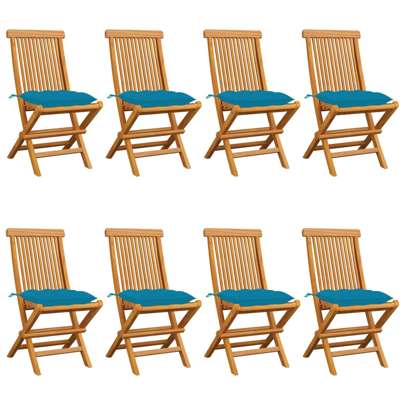 Gartenstühle mit Hellblauen Kissen 8 Stk. Massivholz Teak