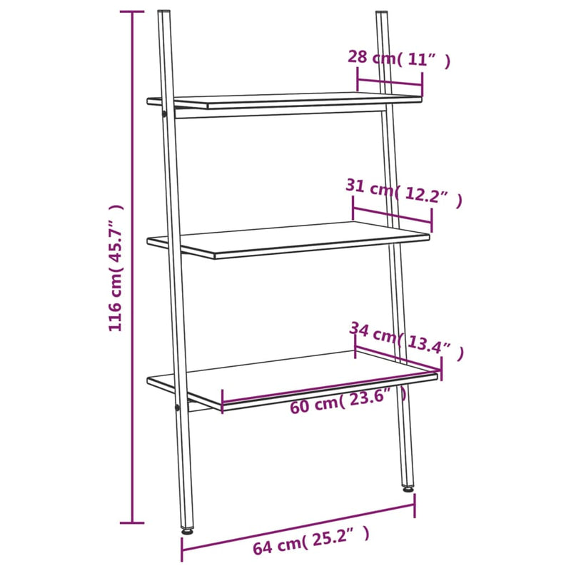 Anlehnregal mit 3 Ablagen Dunkelbraun und Schwarz 64x34x116 cm