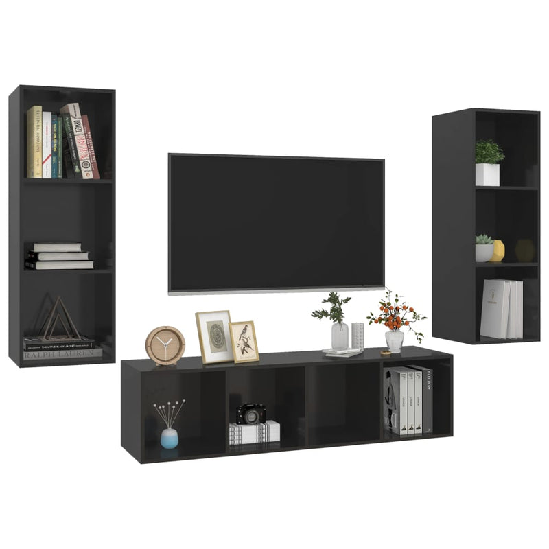 3-tlg. TV-Schrank-Set Hochglanz-Schwarz Holzwerkstoff