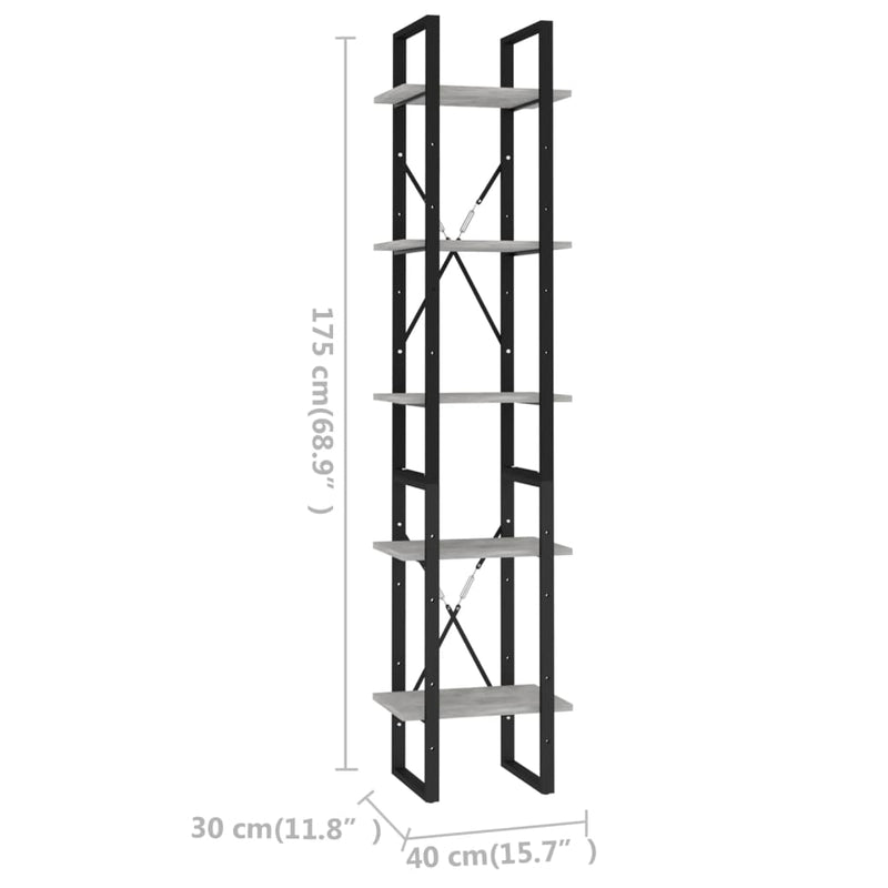 Bücherregal 5 Fächer Betongrau 40x30x175 cm Holzwerkstoff