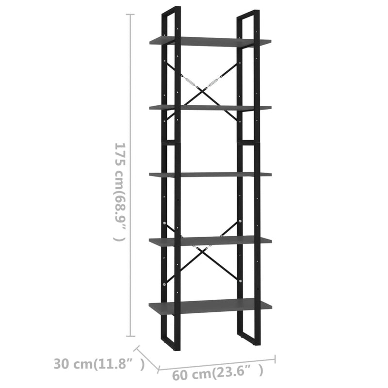 Bücherregal 5 Fächer Grau 60x30x175 cm Holzwerkstoff