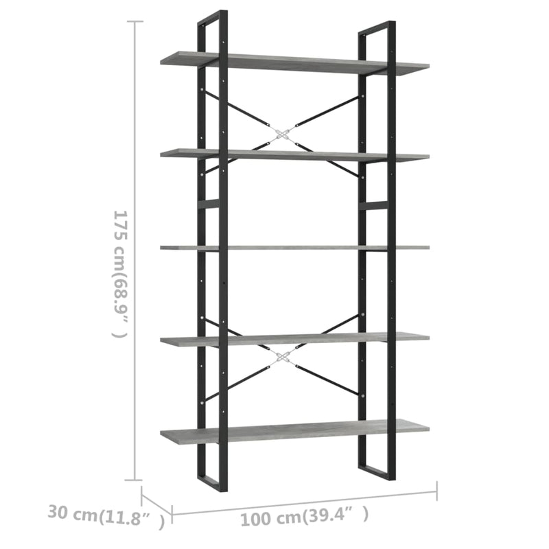 Bücherregal 5 Fächer Betongrau 100x30x175 cm Holzwerkstoff