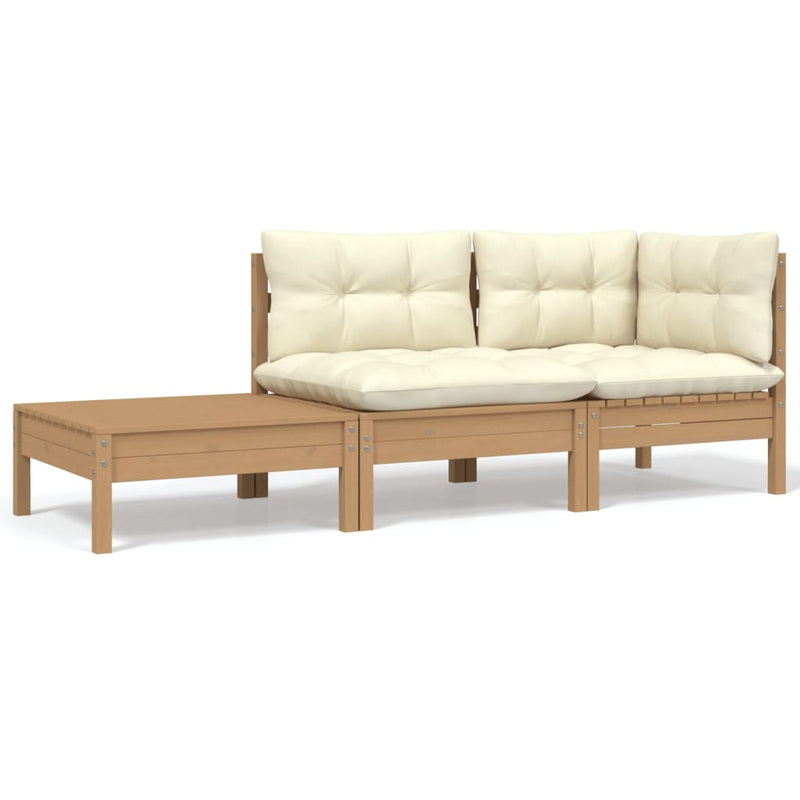 3-tlg. Garten-Lounge-Set mit Kissen Creme Massivholz Kiefer