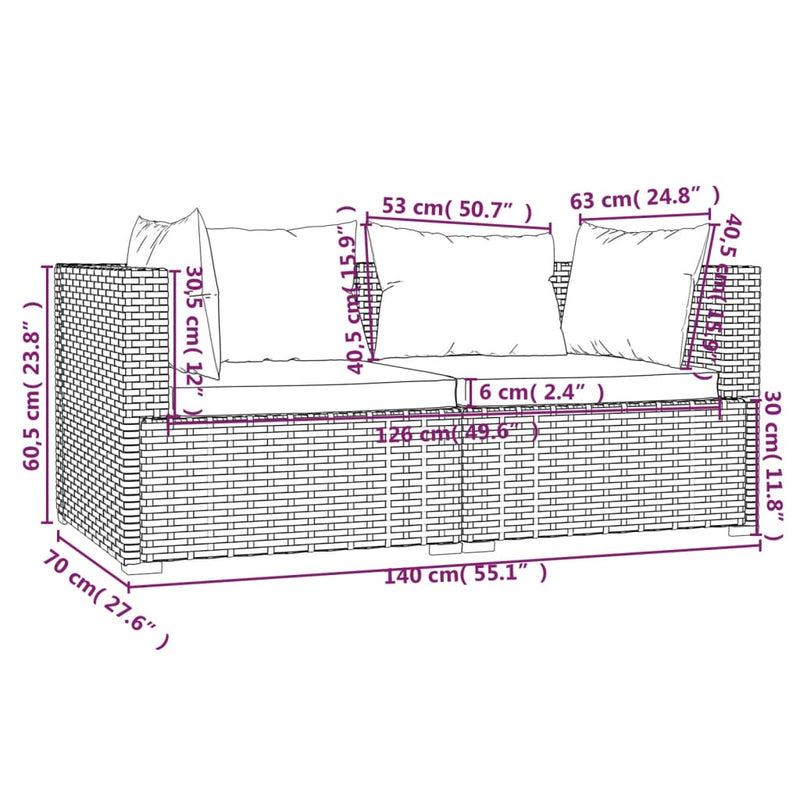 3-tlg. Garten-Lounge-Set mit Auflagen Braun Poly Rattan