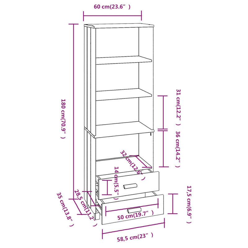 Highboard Hellgrau 60x35x180 cm Massivholz Kiefer