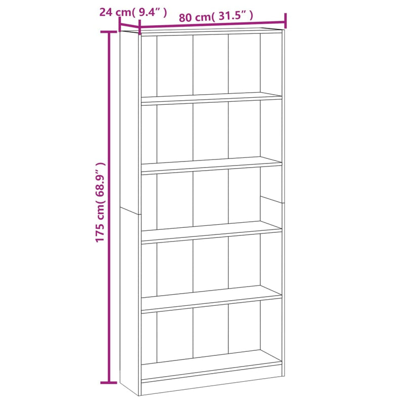 Bücherregal 5 Fächer Grau Sonoma-Eiche 80x24x175 Holzwerkstoff