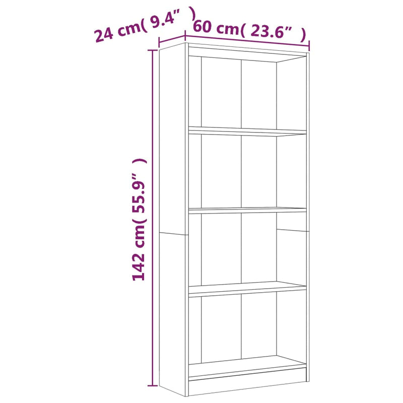 Bücherregal 4 Fächer Grau Sonoma 60x24x142 cm Holzwerkstoff