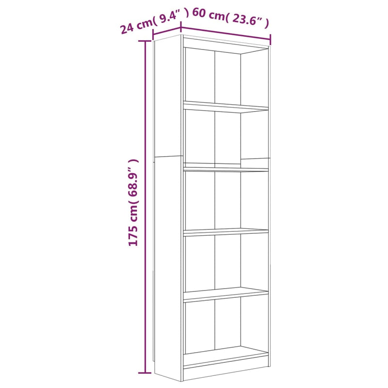 Bücherregal 5 Fächer Grau Sonoma-Eiche 60x24x175 Holzwerkstoff