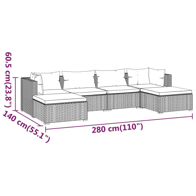6-tlg. Garten-Lounge-Set mit Kissen Poly Rattan Braun