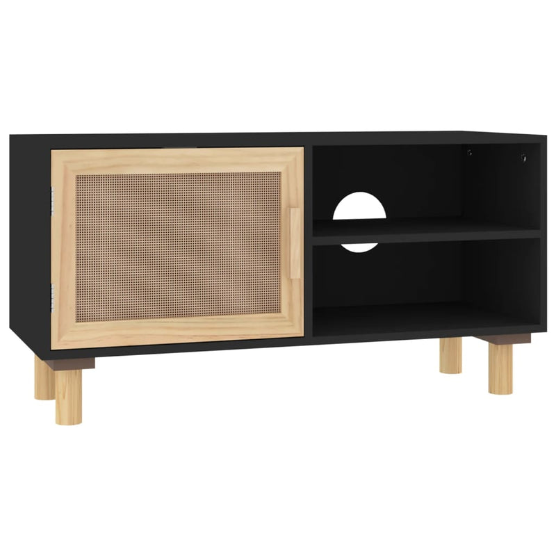 TV-Schrank Schwarz 80x30x40 cm Massivholz Kiefer Natur-Rattan