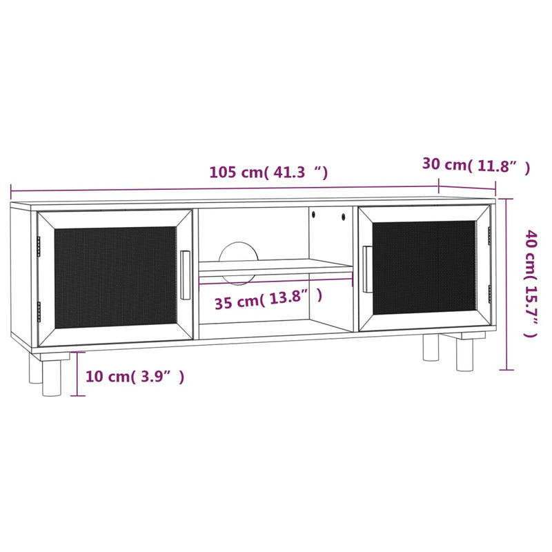 TV-Schrank Weiß 105x30x40 cm Massivholz Kiefer Natur-Rattan