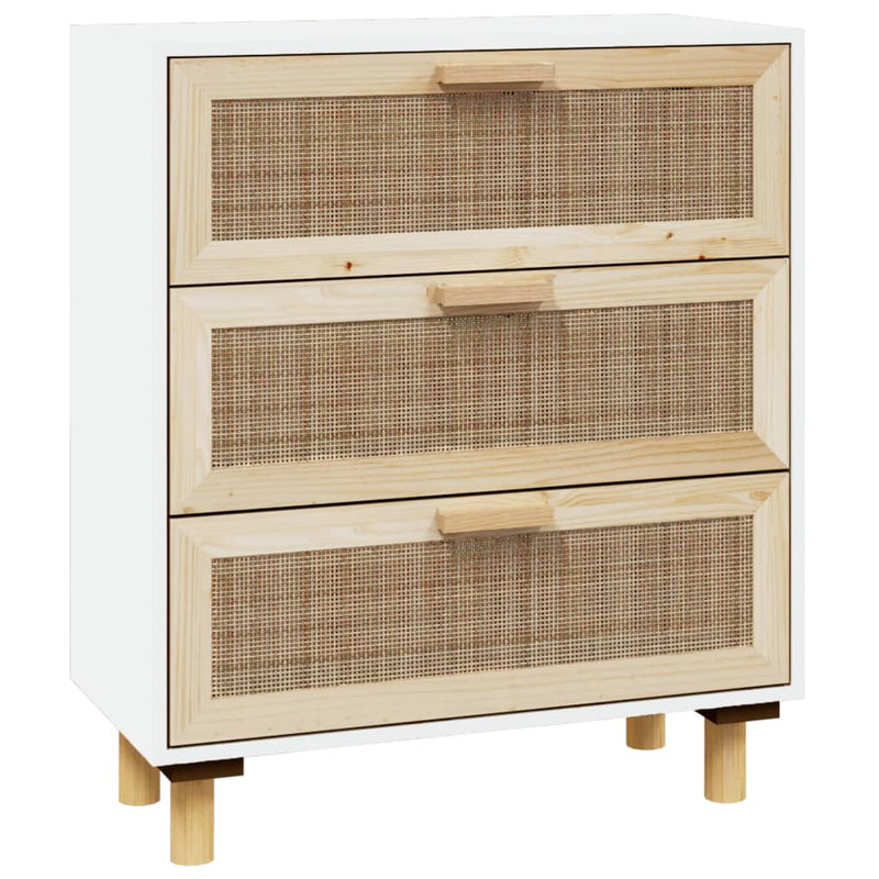 Sideboard Weiß 60x30x70 cm Massivholz Kiefer und Natur-Rattan