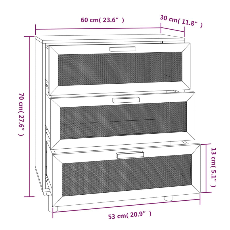 Sideboard Weiß 60x30x70 cm Massivholz Kiefer und Natur-Rattan