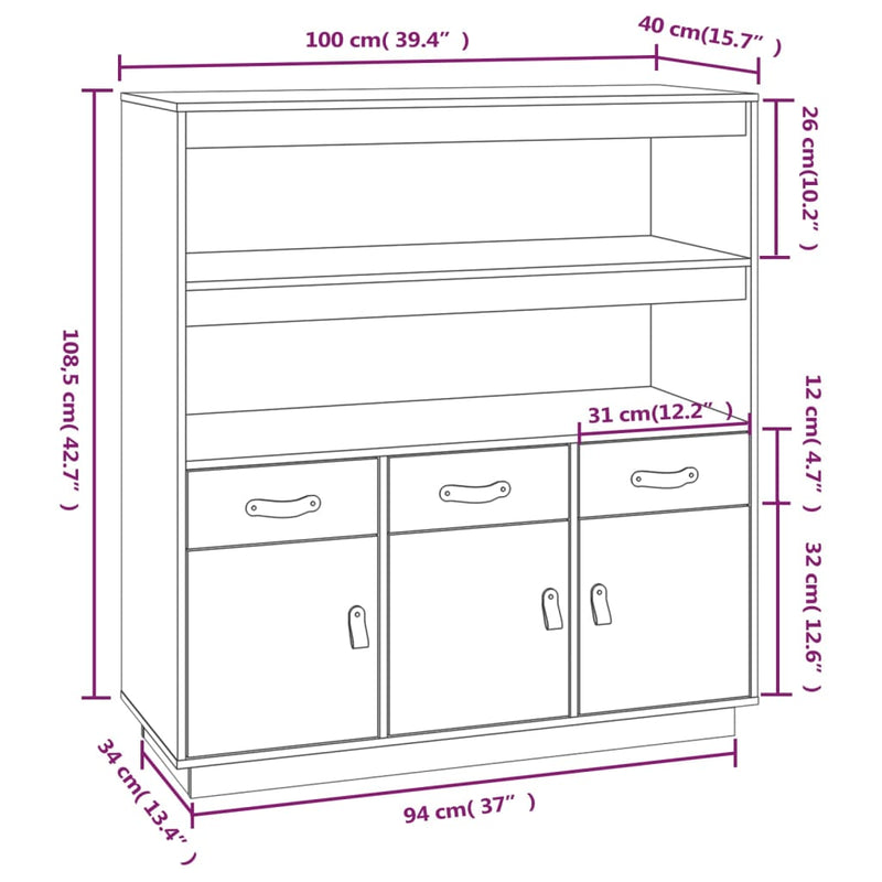 Highboard Weiß 100x40x108,5 cm Massivholz Kiefer