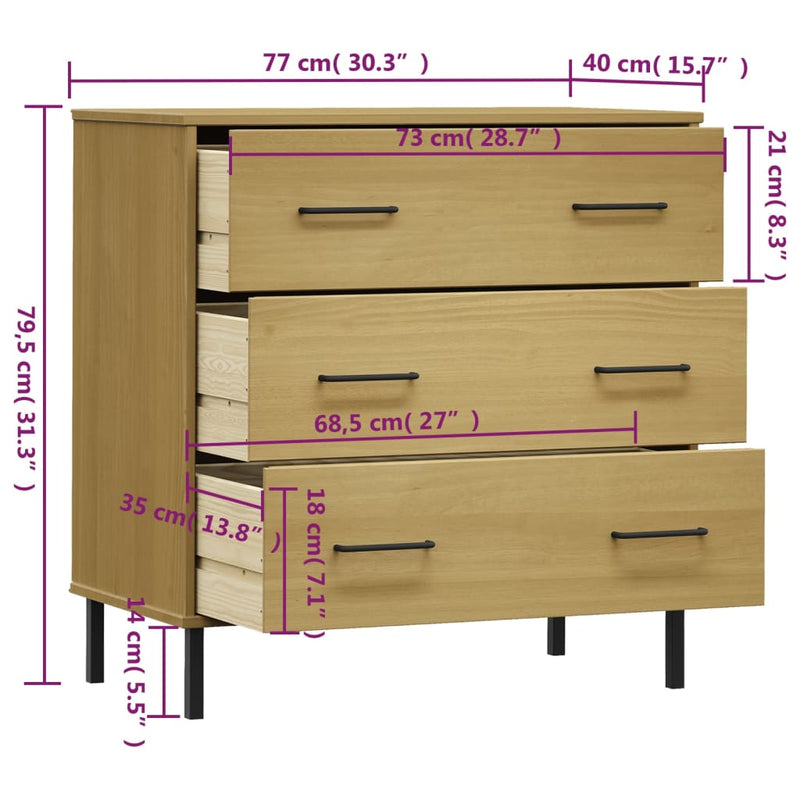 Sideboard OSLO mit 3 Schubladen Braun 77x40x79,5 cm Massivholz